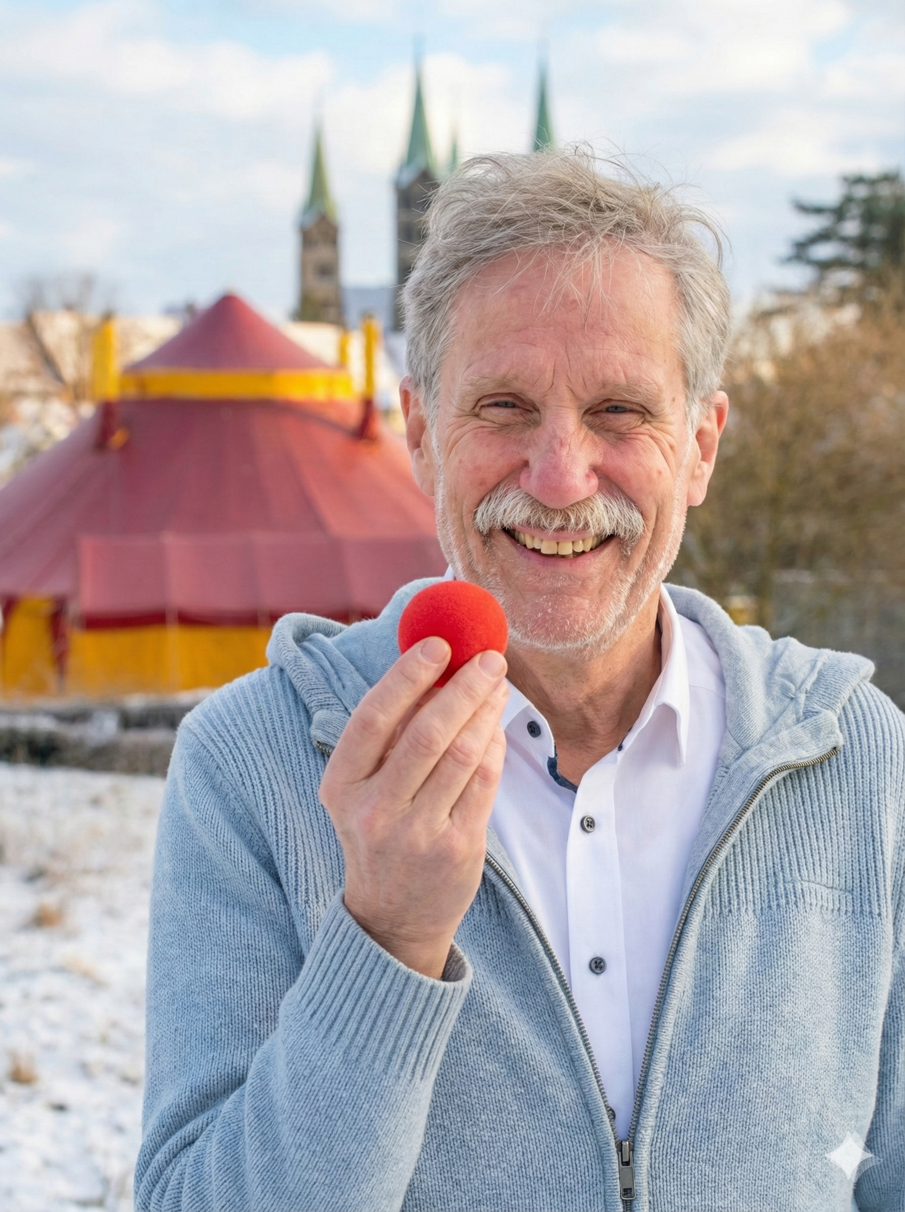 Emil Hartmann hält eine rote Nase in der Hand – warmes Portrait.